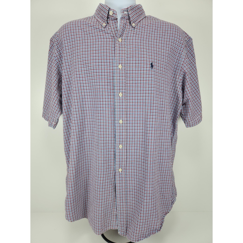 Ralph Lauren Sport Shirt Mens L Blue Red Plaid Check Button Short Sleeve Cotton‎